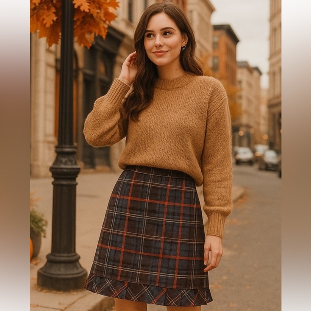 CAbi Women Skirt Size 6 Heritage Plaid Wool Blend Pencil Pleated Hem Lined